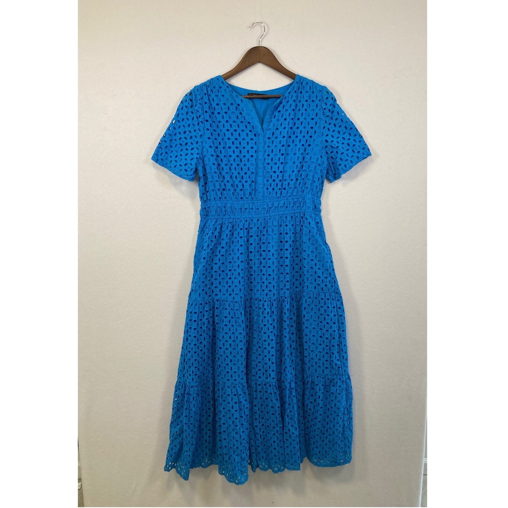 ZESICA Blue Eyelet Cotton Maxi Dress V Neck Tiered Midi Boho Vacation Size 7